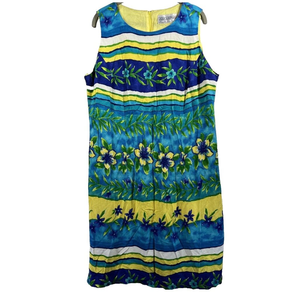 Jessica Howard Woman Sheath Dress Large Blue Yellow Floral‎ Rayon Sleeveless